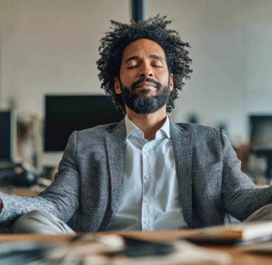 Man meditating in office setting.