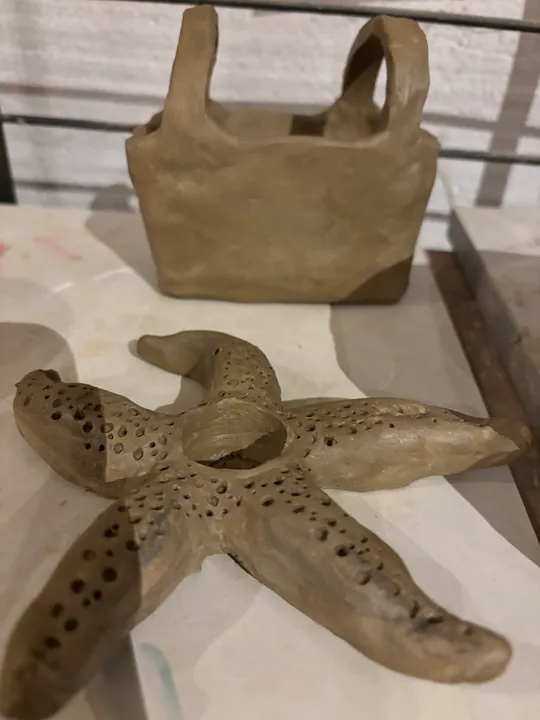 Ton-Seestern und Tasche auf einem Tisch.