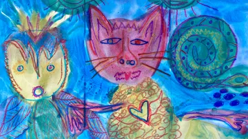 Bunte abstrakte Kunst mit Katze und Eule.