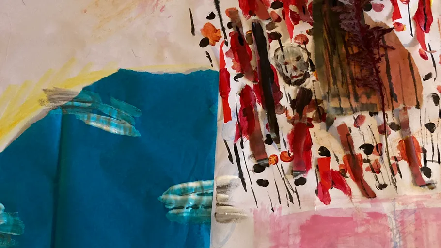 Abstract painting with blue and red sections.