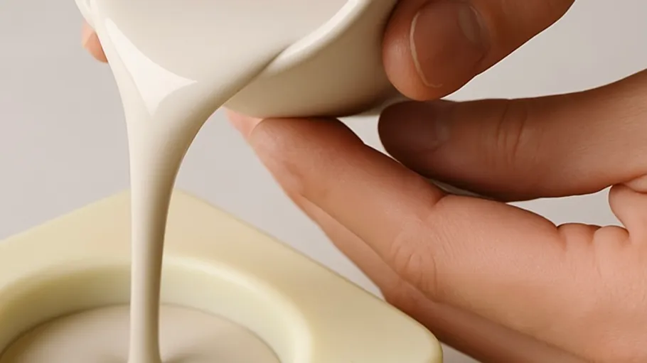 Hand gießt Flüssigkeit aus kleinem Schüssel.
