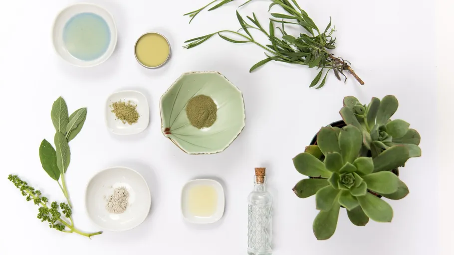 Herbs, powders, and oils arranged on white background.