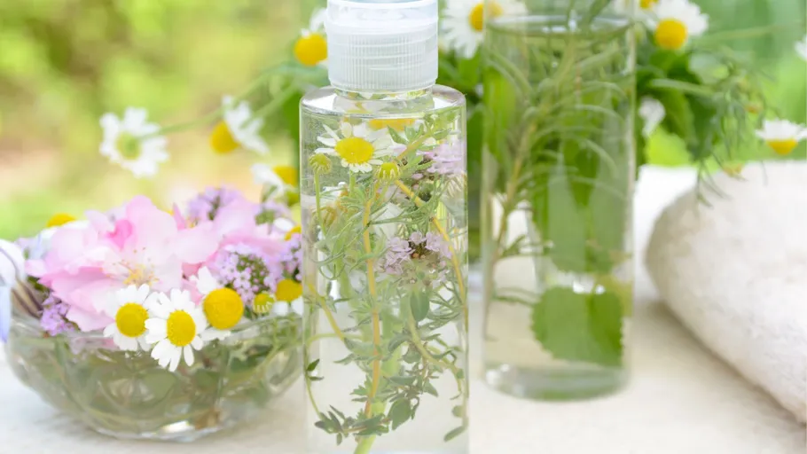 Bottles with herbs and flowers outdoors.