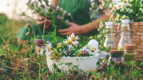 Wildflowers in bowl with person in background.