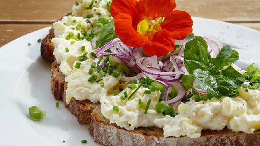 Open-faced sandwich with egg salad, greens, flower garnish.