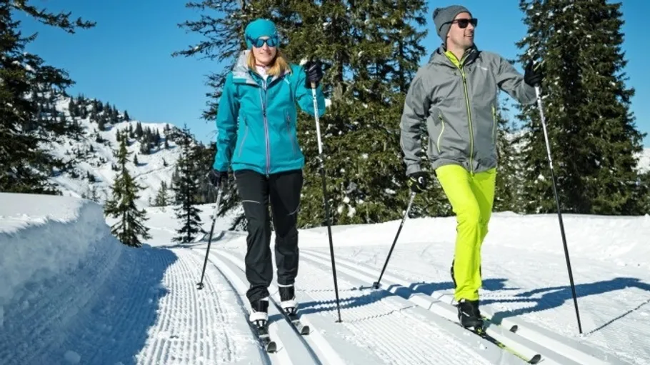 Two people cross-country skiing in snowy landscape.