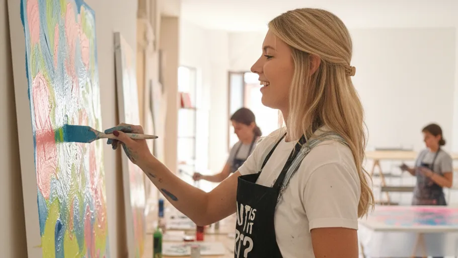 Woman painting on canvas in art studio.