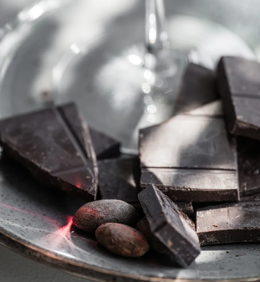 Dark chocolate pieces on plate with cocoa beans.