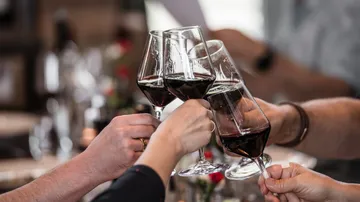 Hands clinking wine glasses at a gathering.
