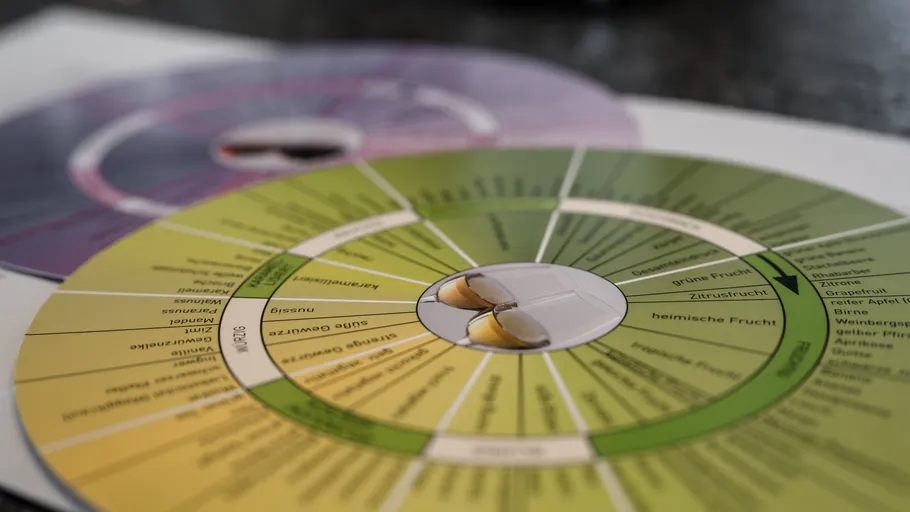 Colorful flavor wheel on a dark table.