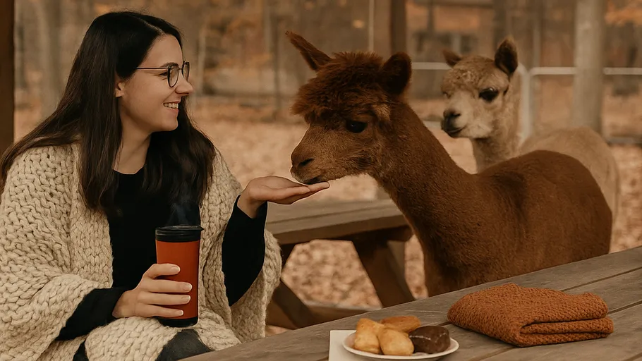 Woman feeding alpaca at picnic table.