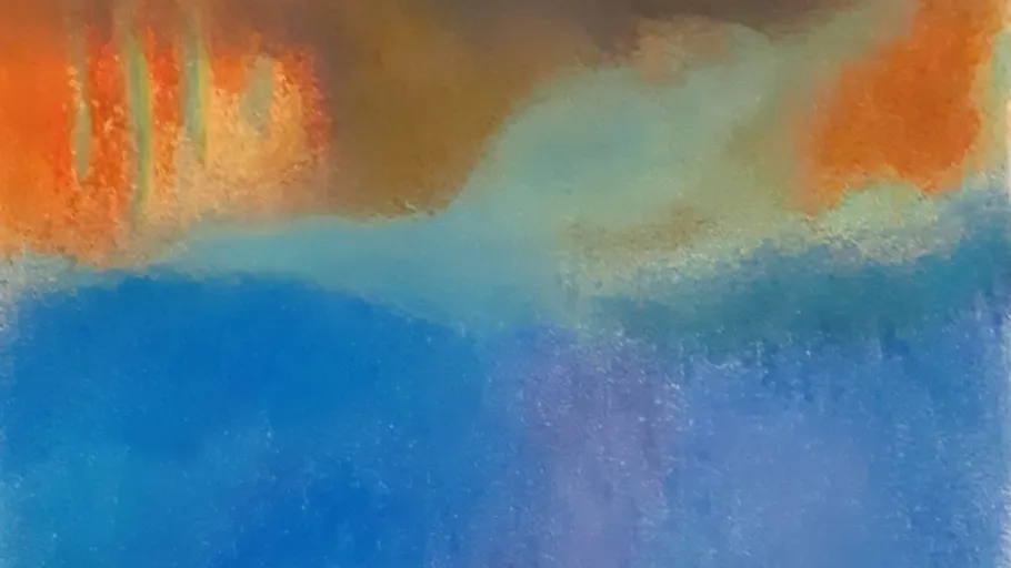 Abstraktes Gemälde mit Blau- und Orangetönen.