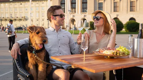 Paar mit Hund stößt im Freien an.