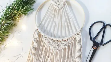 Macramé wall hanging with scissors and plant.