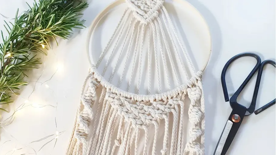 Macramé wall hanging with scissors and plant.