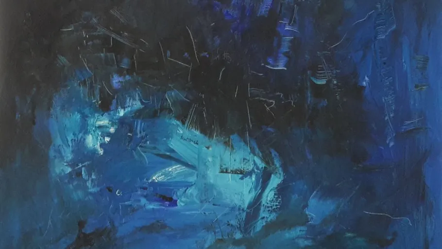 Abstract painting with dark blue hues.
