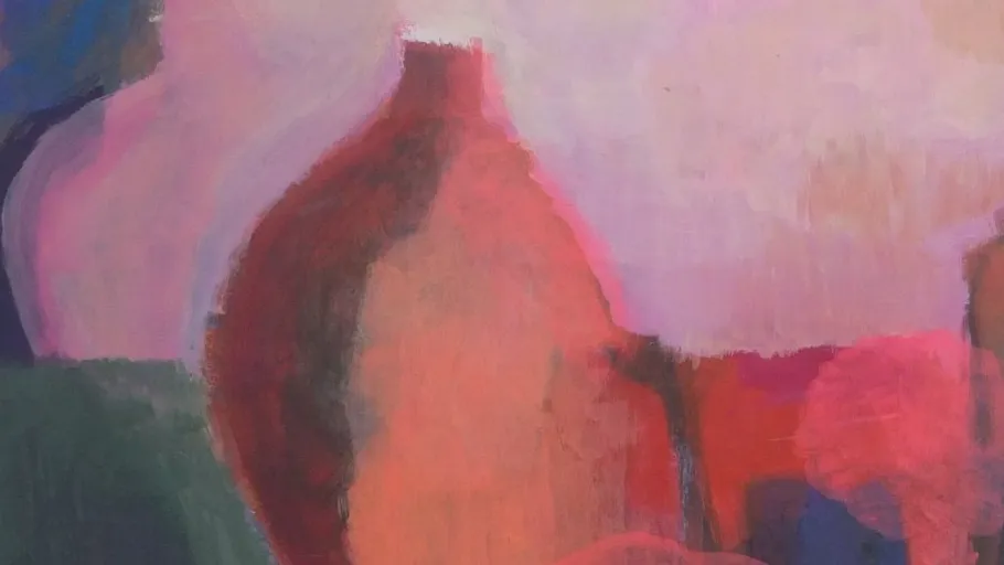 Abstract painting with red and pink shapes.