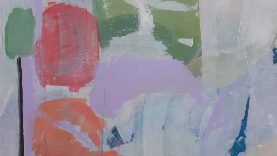 Abstract painting with colorful shapes and textures.