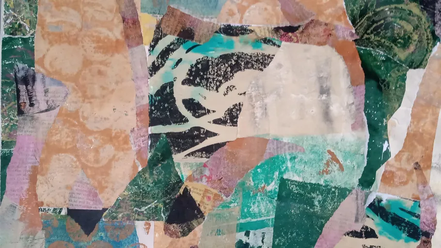 Abstract collage with colorful paper layers.