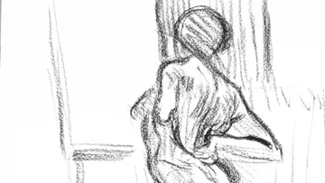 Sketch of person looking out a window.