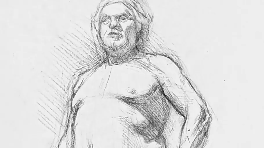 Man drawn in pencil, standing confidently.
