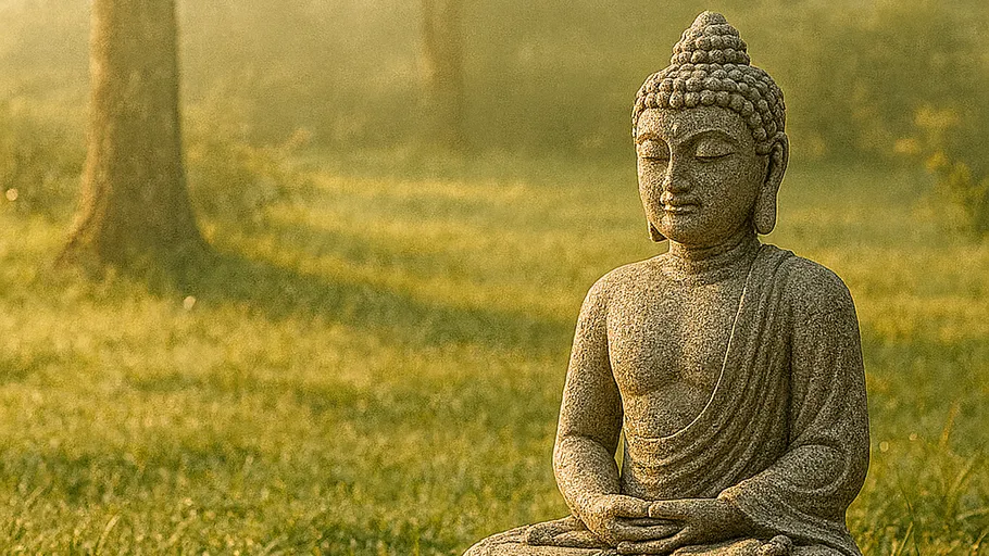 Buddha-Statue meditiert im ruhigen Garten.