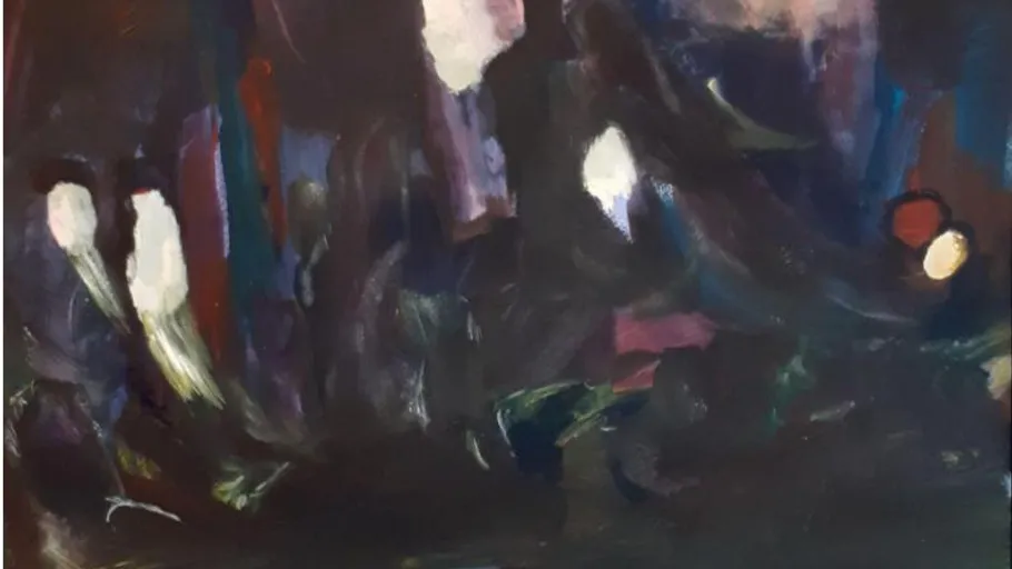 Abstract painting with dark, colorful brushstrokes.