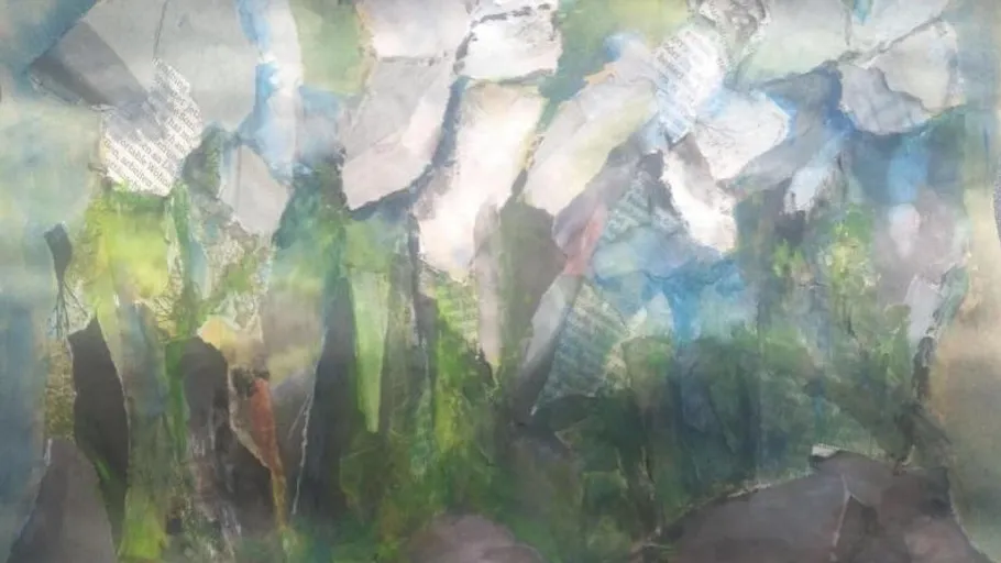 Abstract collage with various torn paper pieces.