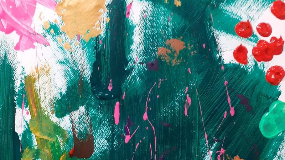 Abstract painting with green, pink, and red colors.