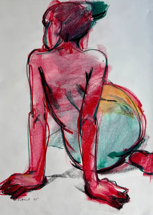 Colorful figure sketch seated on ground.