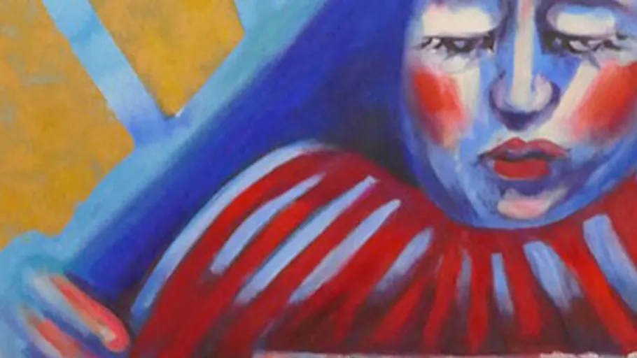 Abstract painting of a person with red clothing.