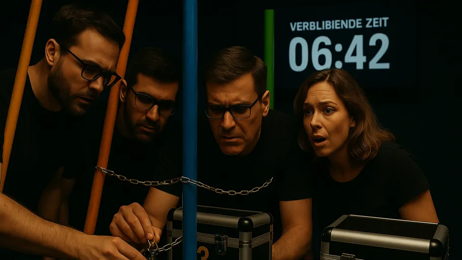 Four people solving a puzzle in an escape room.