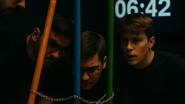Three men focusing on chained colorful poles.