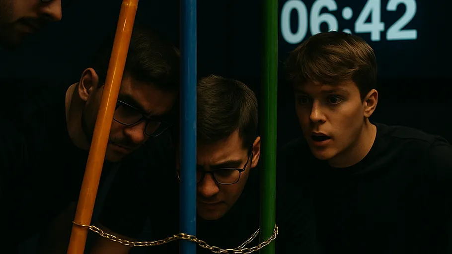 Drei Männer fokussieren auf bunte, verkettete Stangen.