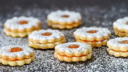 Jam-filled cookies dusted with powdered sugar.