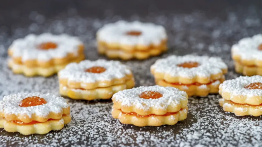 Jam-filled cookies dusted with powdered sugar.