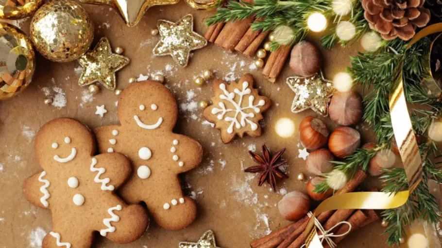 Gingerbread cookies with festive Christmas decorations.