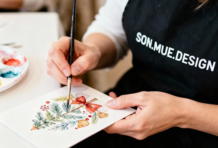 Person malt Weihnachtskarte mit Aquarell.