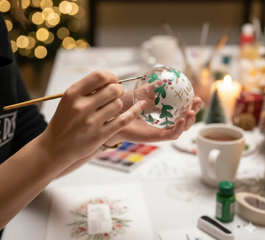 Person painting glass ornament on table.