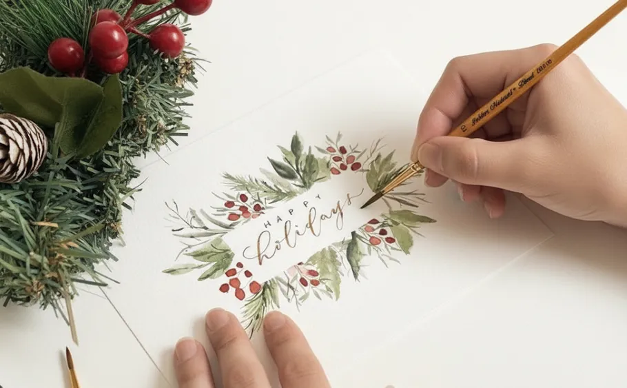 Hand painting holiday card with foliage.