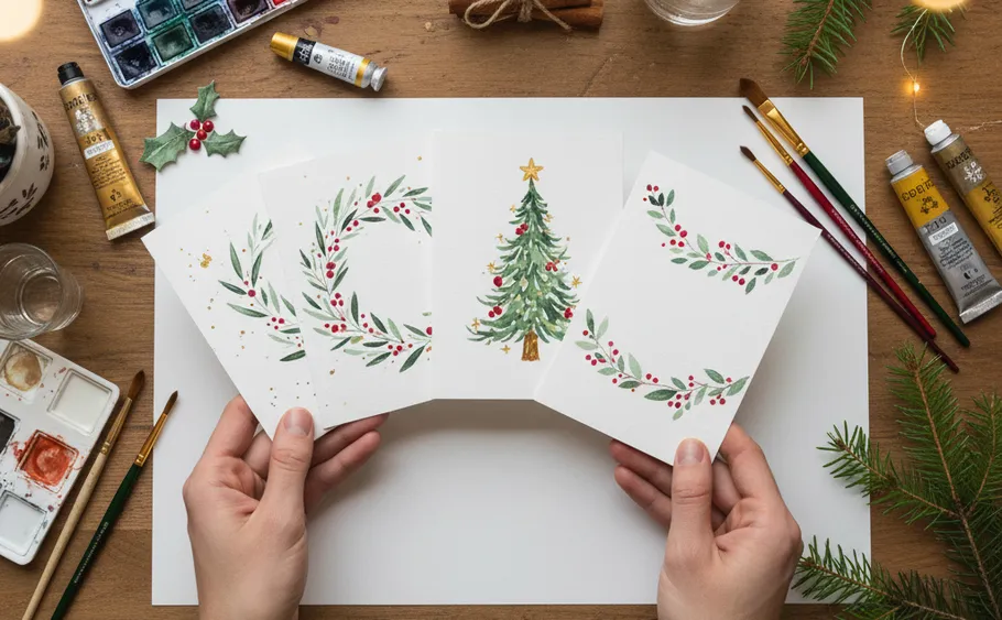 Hands holding Christmas cards on wooden table.