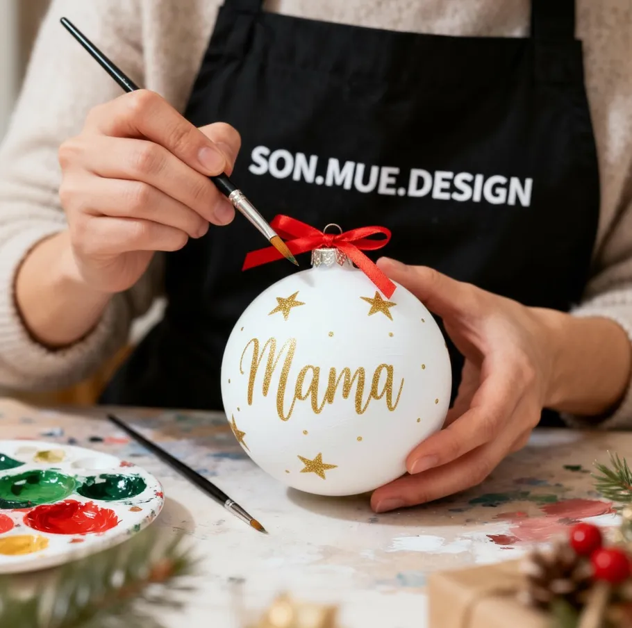 Person malt 'Mama' auf Weihnachtskugel.