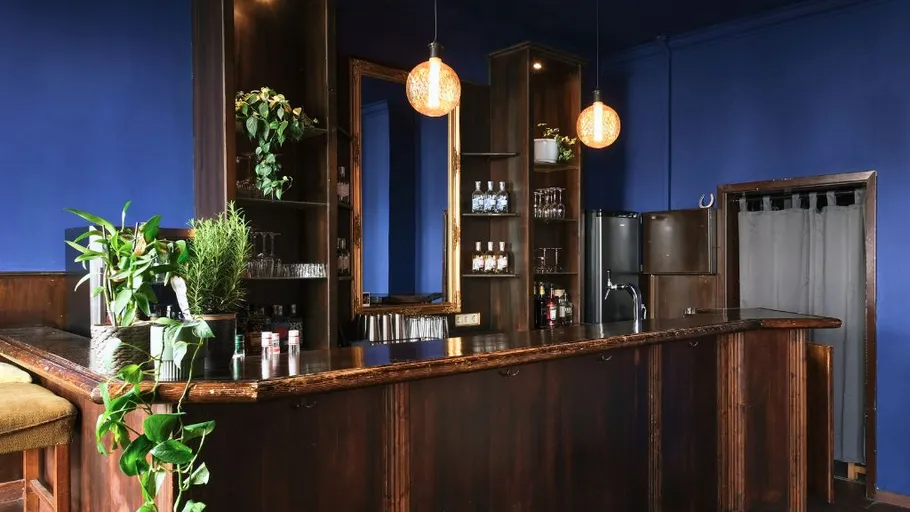 Wooden bar counter with plants, blue walls.
