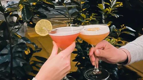 Zwei Cocktails stoßen draußen an mit Pflanzen.