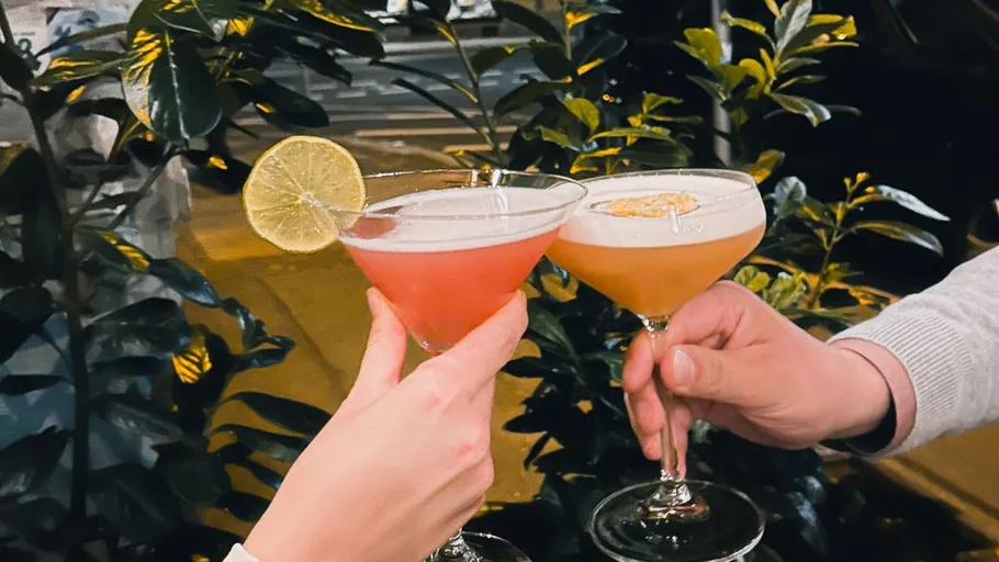 Zwei Cocktails stoßen draußen an mit Pflanzen.