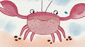Cartoon crab smiling on sandy beach.