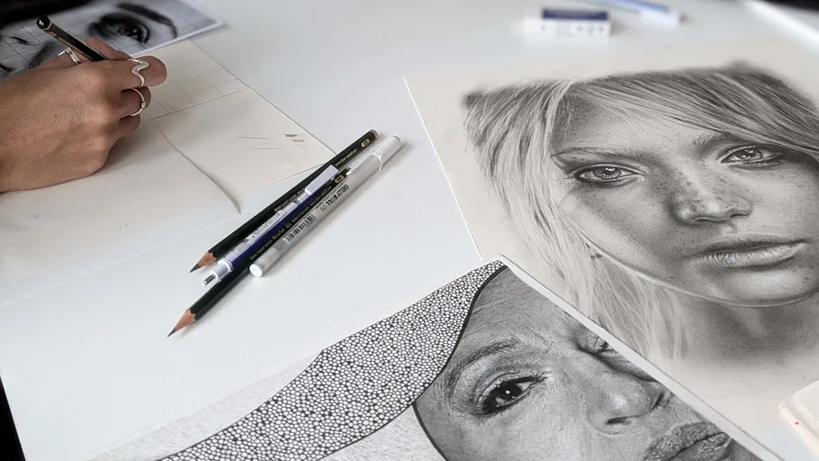 Artist drawing portraits on a white table.