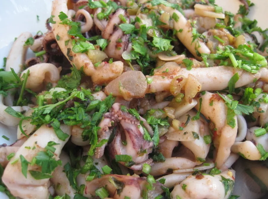 Gekochter Tintenfisch mit frischen Kräutern garniert.