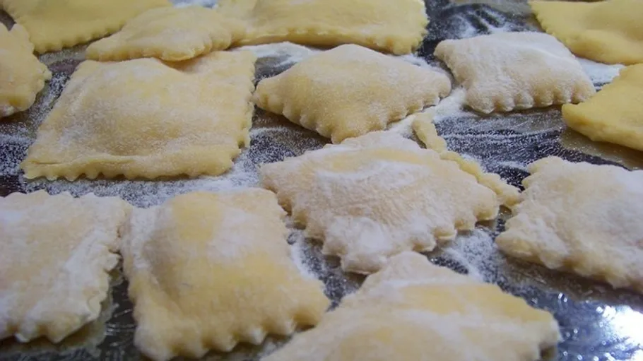 Ravioli dough squares on floured surface.