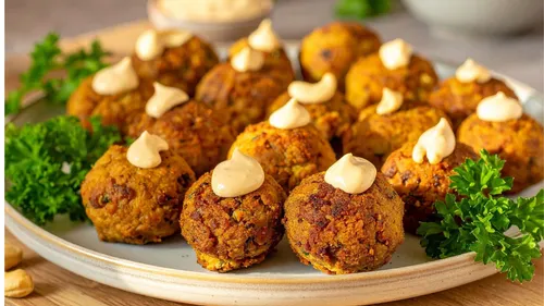 Falafel balls topped with sauce on plate.